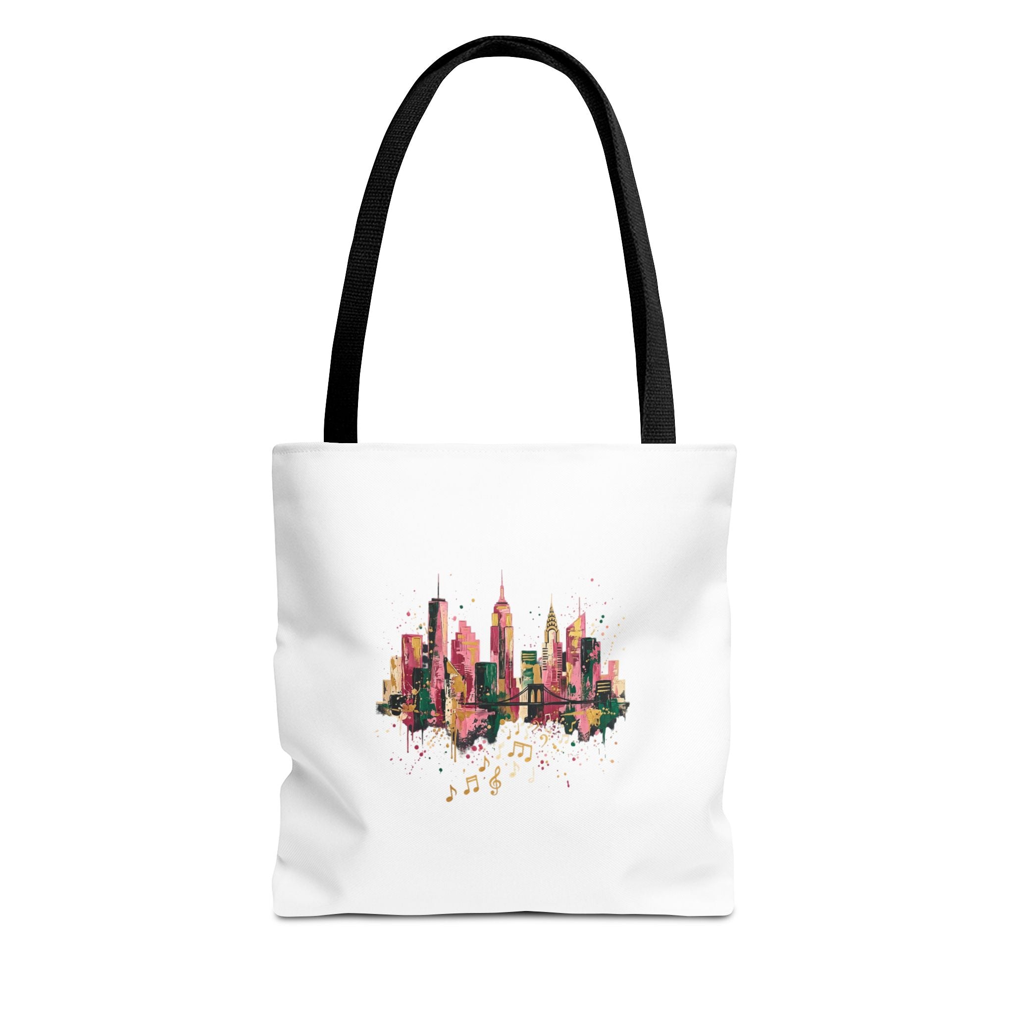 City Skyline Music Tote Bag — Watercolor NYC Skyline with Musical Notes