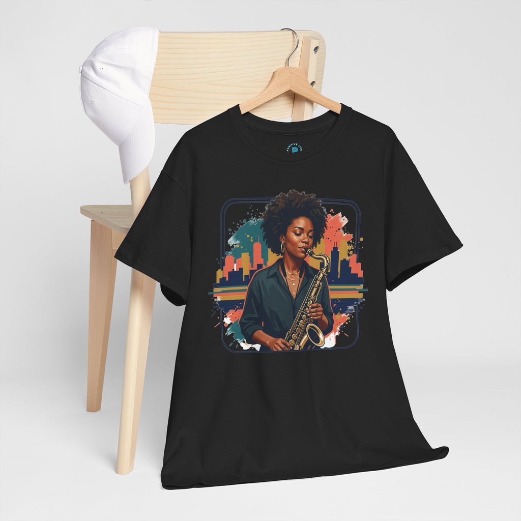 Saxophone Jazz Musician T-Shirt – Soulful Female Sax Player City Skyline Tee