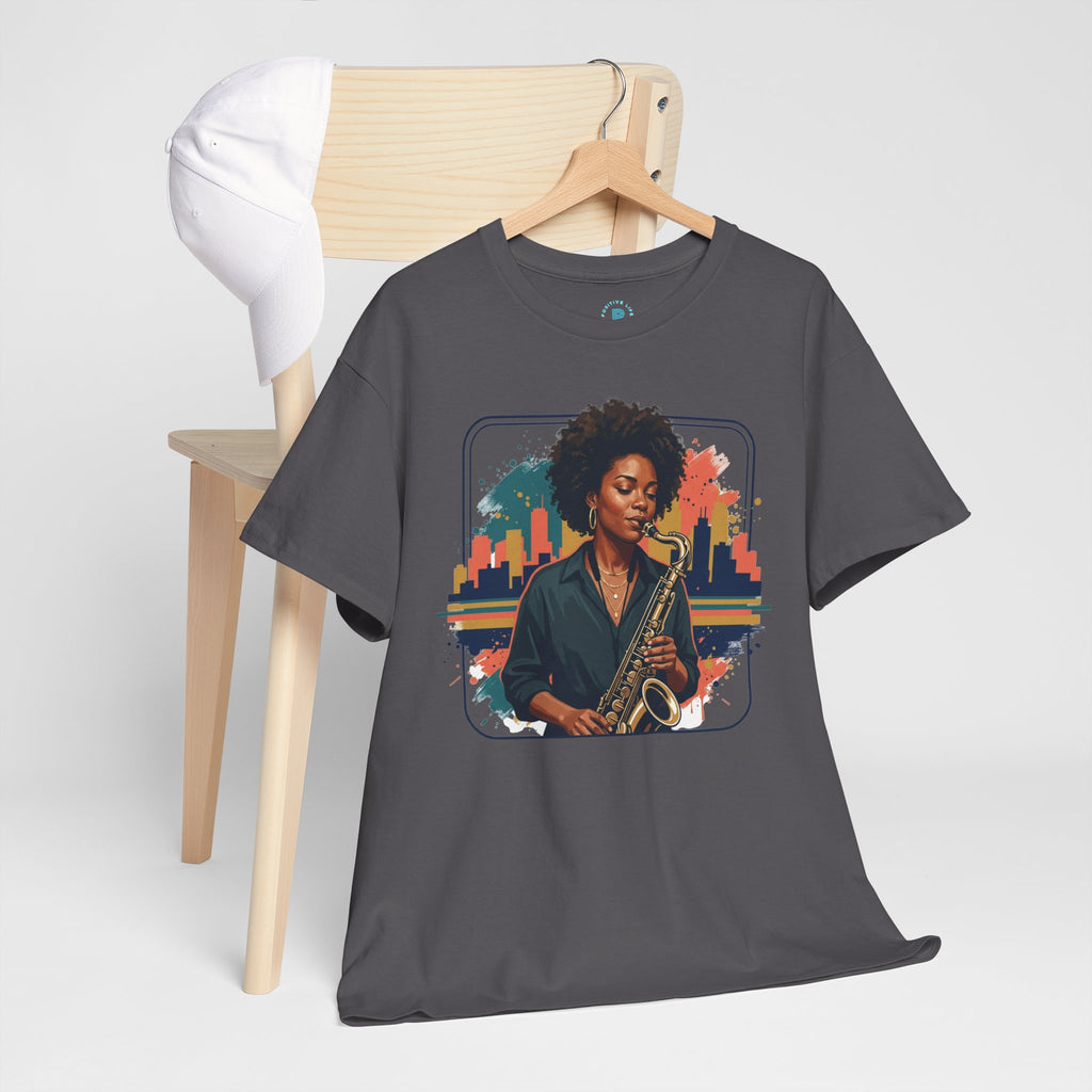 Saxophone Jazz Musician T-Shirt – Soulful Female Sax Player City Skyline Tee