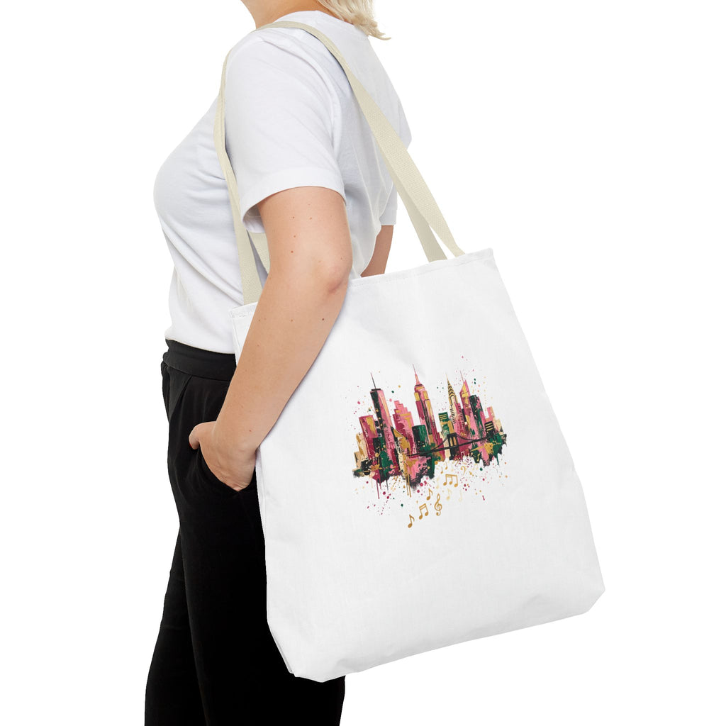City Skyline Music Tote Bag — Watercolor NYC Skyline with Musical Notes