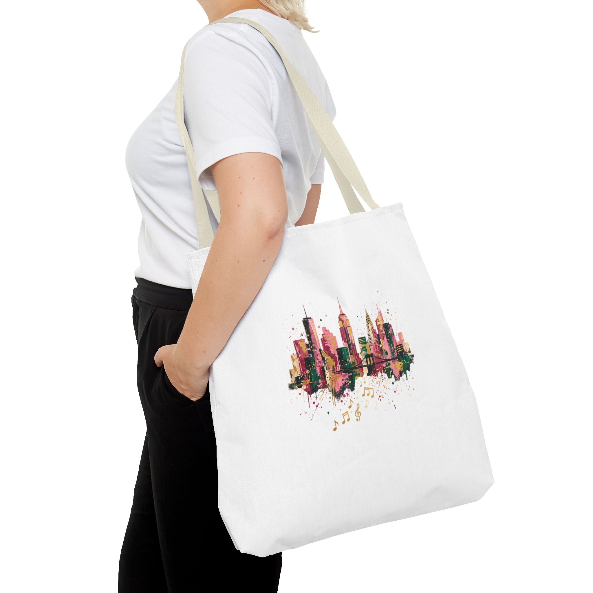 City Skyline Music Tote Bag — Watercolor NYC Skyline with Musical Notes