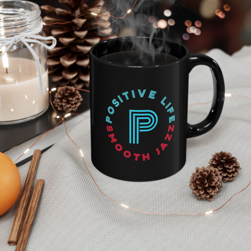 Positive Life Smooth Jazz Black Mug — Retro Neon Logo Coffee Cup (11oz/15oz)