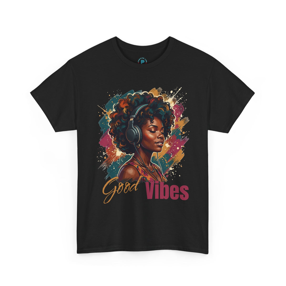Good Vibes Tee — Afrocentric Woman Headphones Graphic T‑Shirt