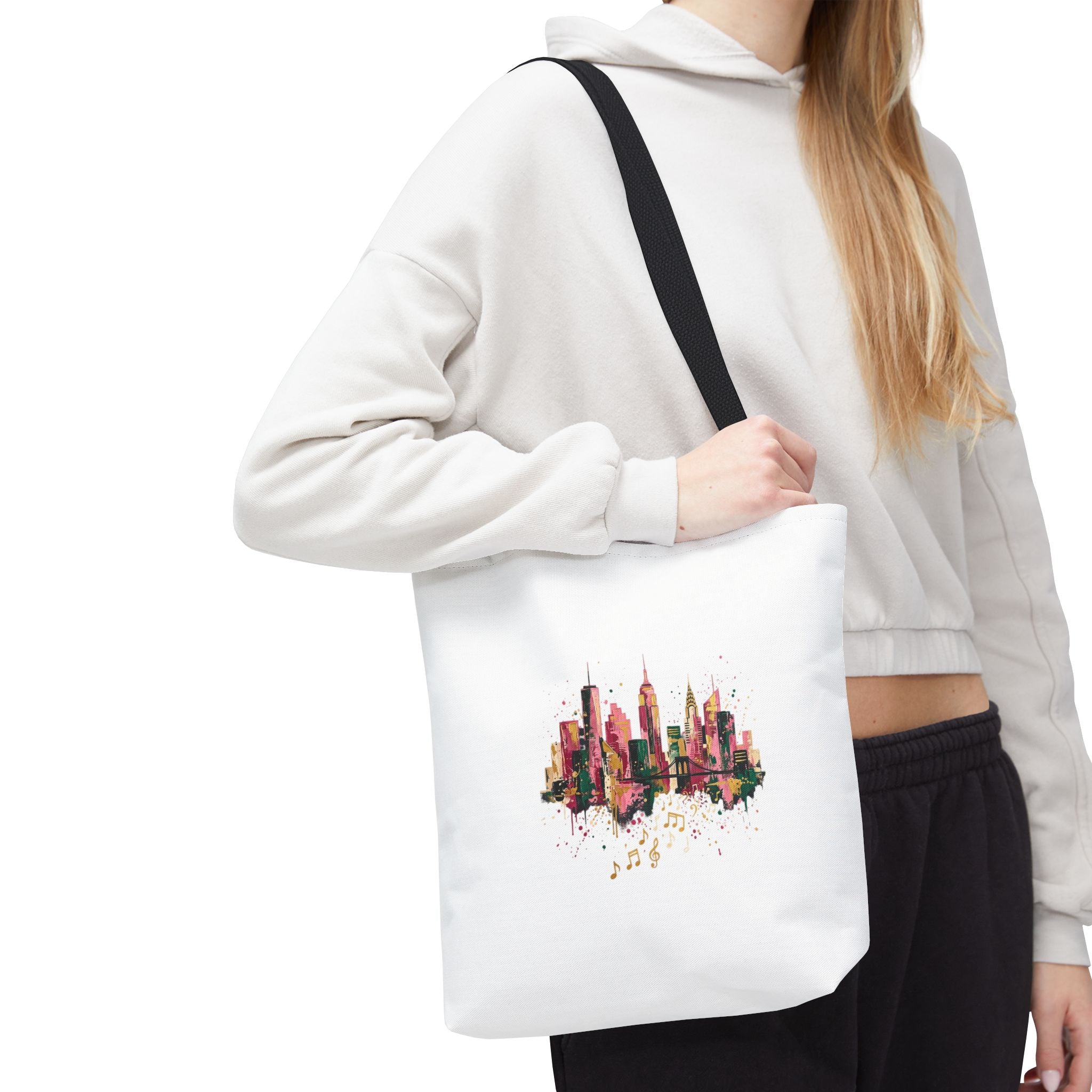 City Skyline Music Tote Bag — Watercolor NYC Skyline with Musical Notes
