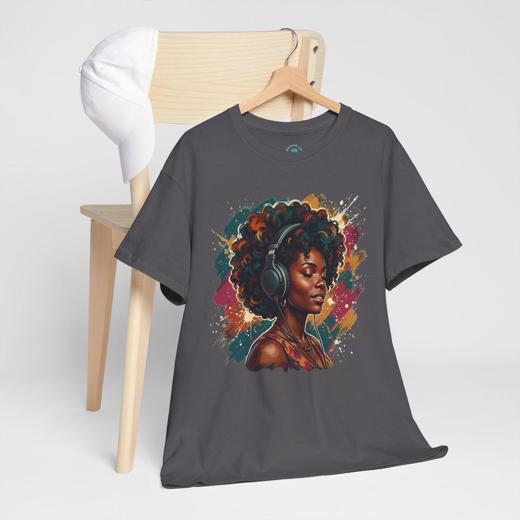Afro Queen Portrait T-Shirt — Bold Afrocentric Headphones Art Tee