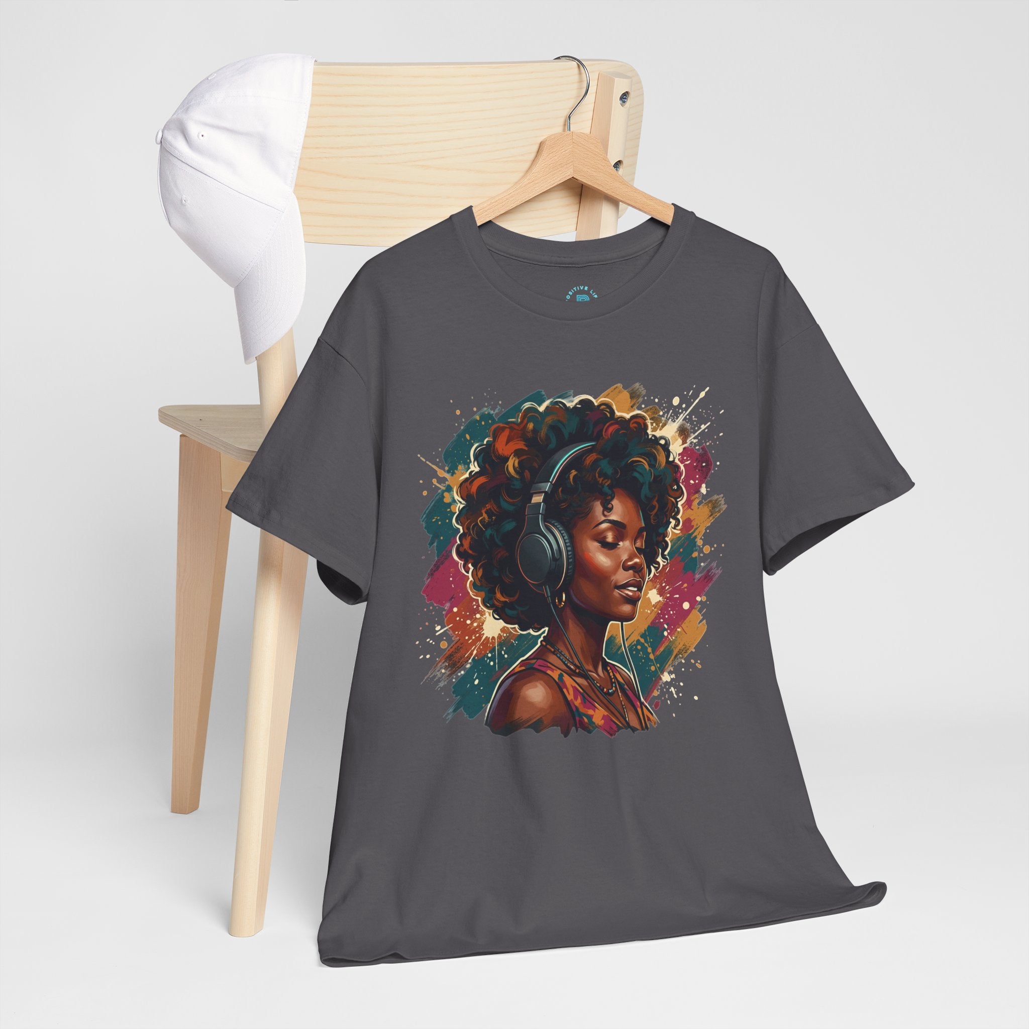 Afro Queen Portrait T-Shirt — Bold Afrocentric Headphones Art Tee