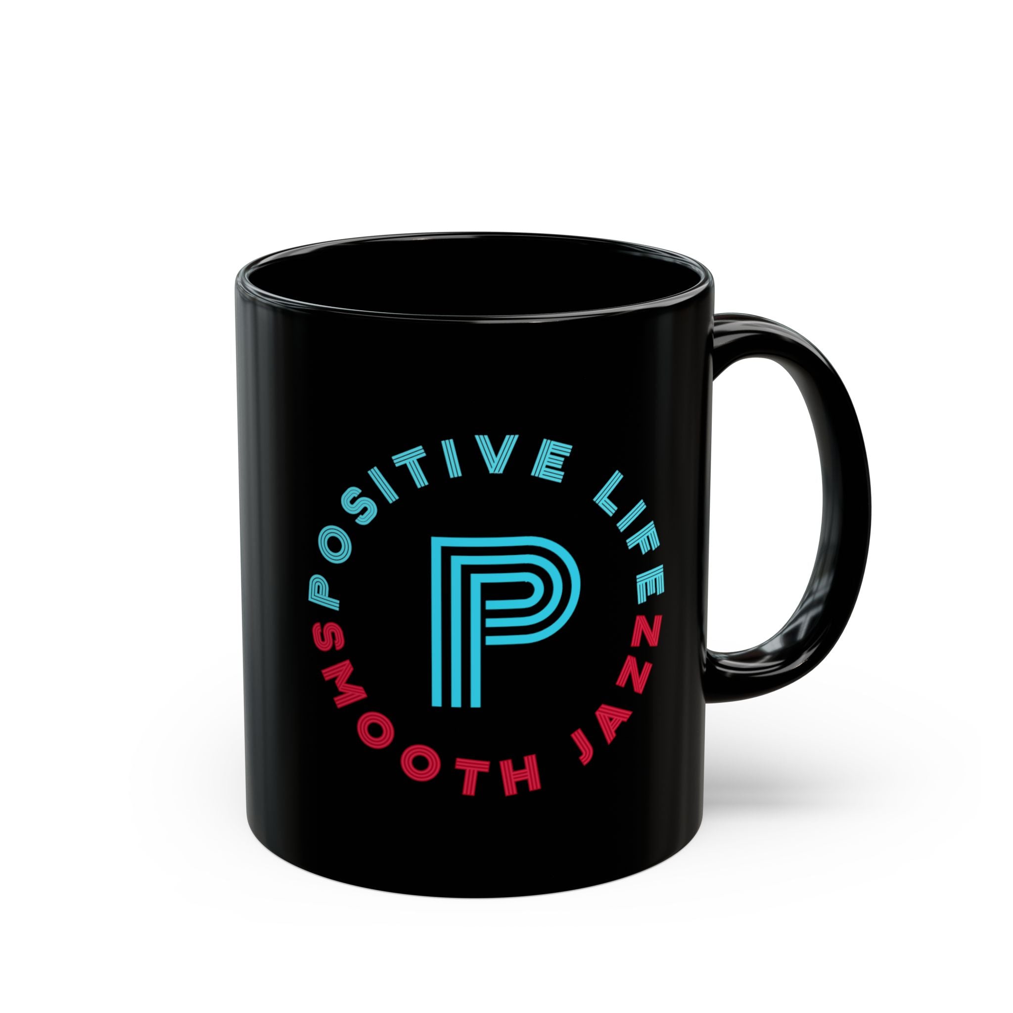 Positive Life Smooth Jazz Black Mug — Retro Neon Logo Coffee Cup (11oz/15oz)