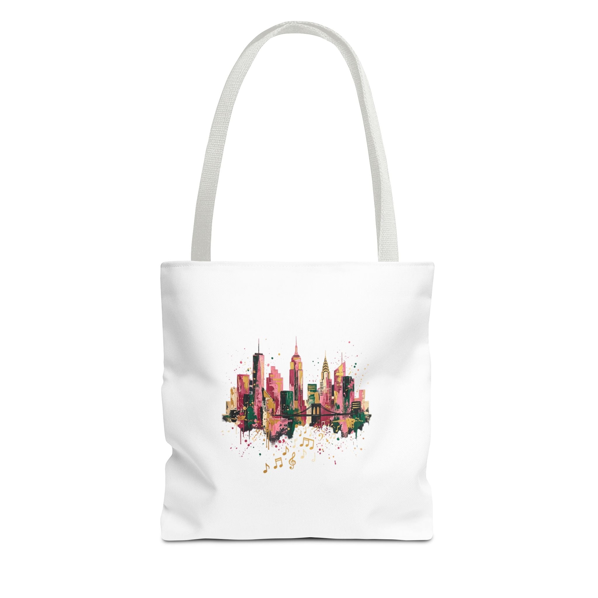 City Skyline Music Tote Bag — Watercolor NYC Skyline with Musical Notes