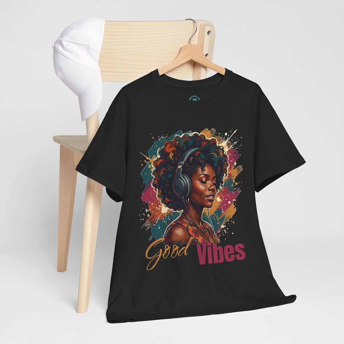 Good Vibes Tee — Afrocentric Woman Headphones Graphic T‑Shirt