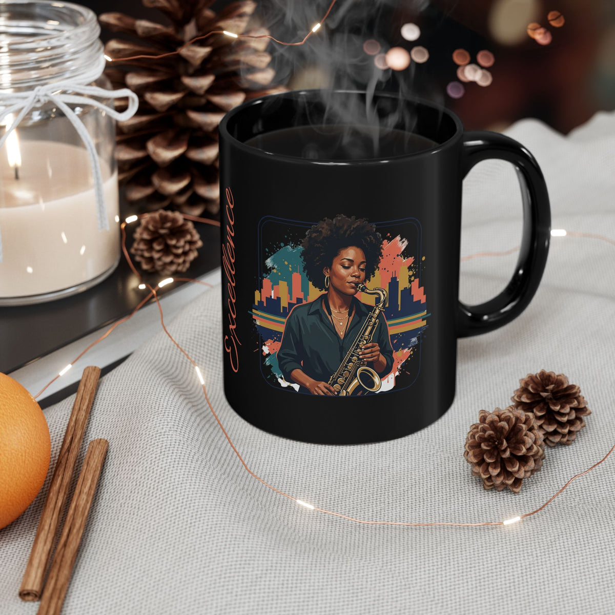 Excellence Saxophone Black Coffee Mug — Jazz Musician Art 11oz/15oz