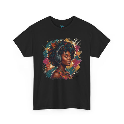 Afro Queen Portrait T-Shirt — Bold Afrocentric Headphones Art Tee
