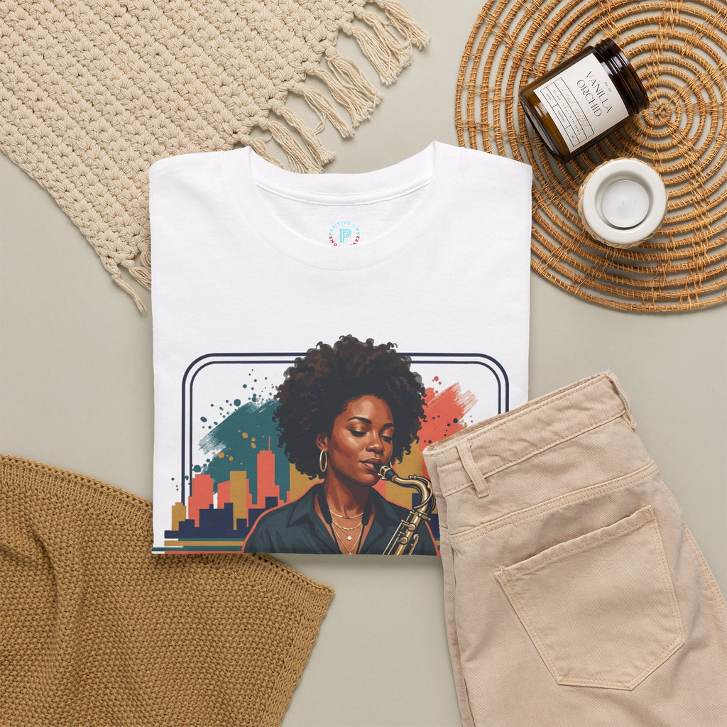 Saxophone Jazz Musician T-Shirt – Soulful Female Sax Player City Skyline Tee