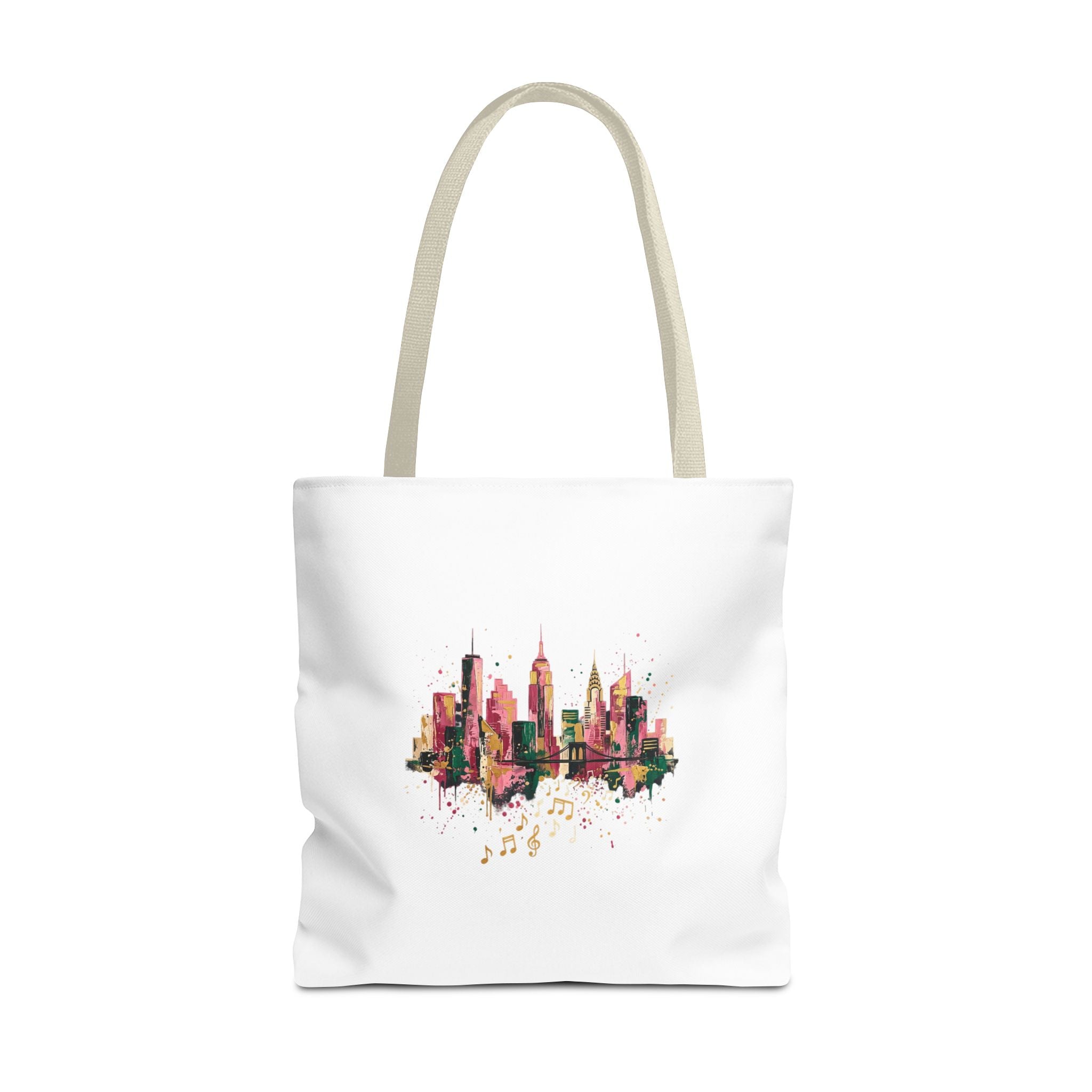 City Skyline Music Tote Bag — Watercolor NYC Skyline with Musical Notes