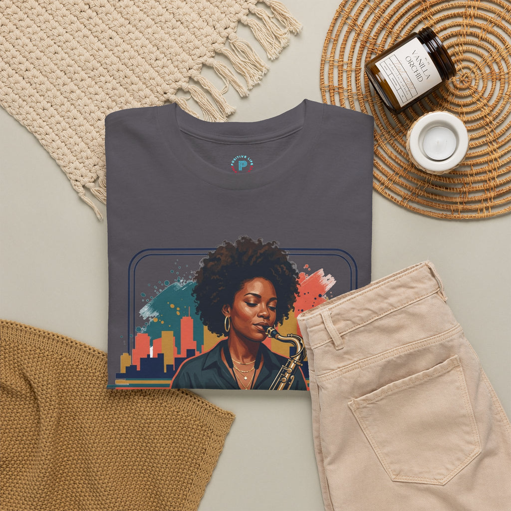 Saxophone Jazz Musician T-Shirt – Soulful Female Sax Player City Skyline Tee