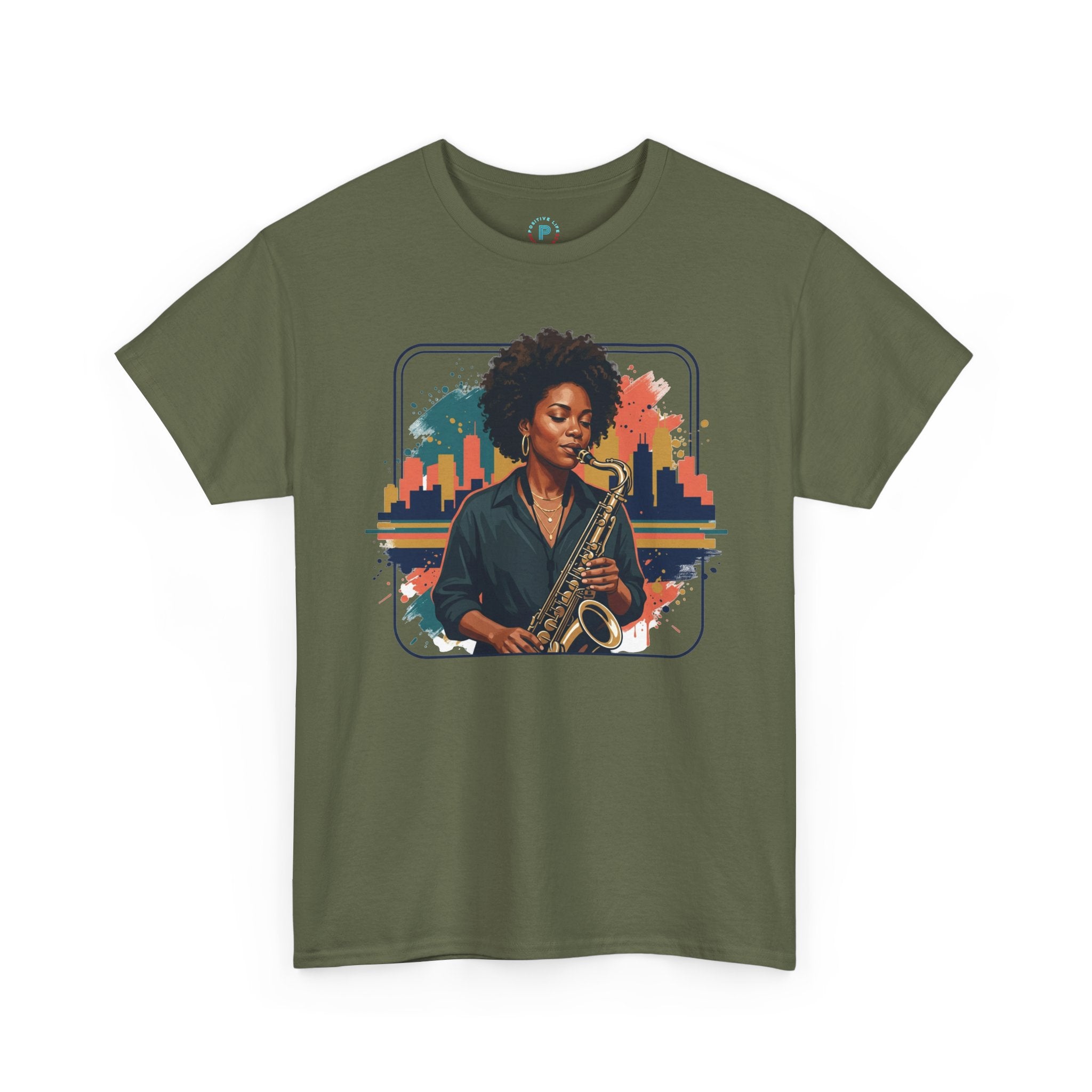 Saxophone Jazz Musician T-Shirt – Soulful Female Sax Player City Skyline Tee