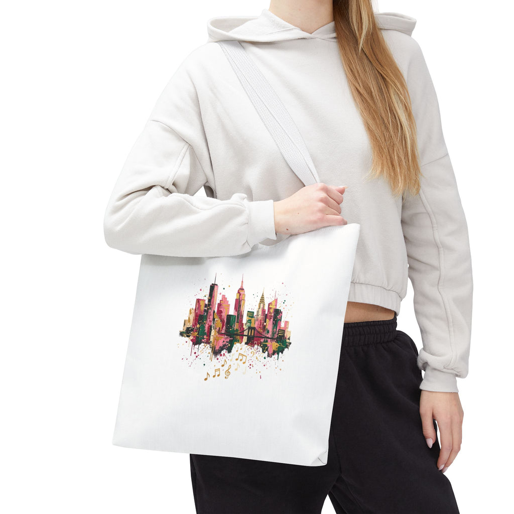 City Skyline Music Tote Bag — Watercolor NYC Skyline with Musical Notes