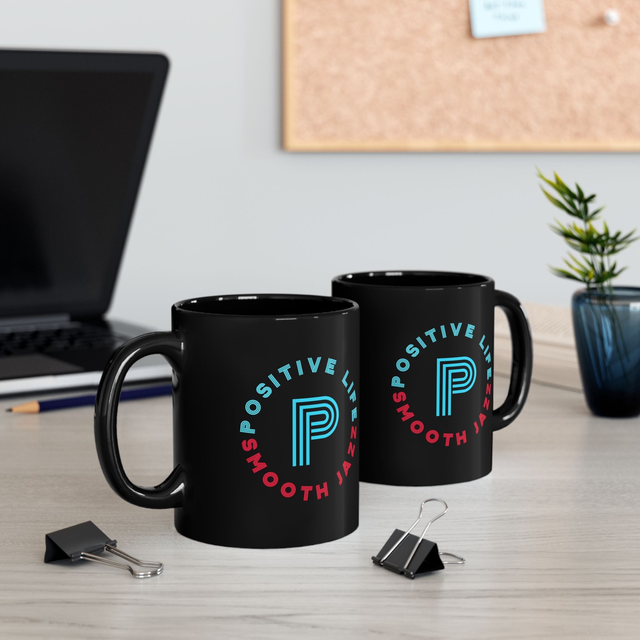 Positive Life Smooth Jazz Black Mug — Retro Neon Logo Coffee Cup (11oz/15oz)