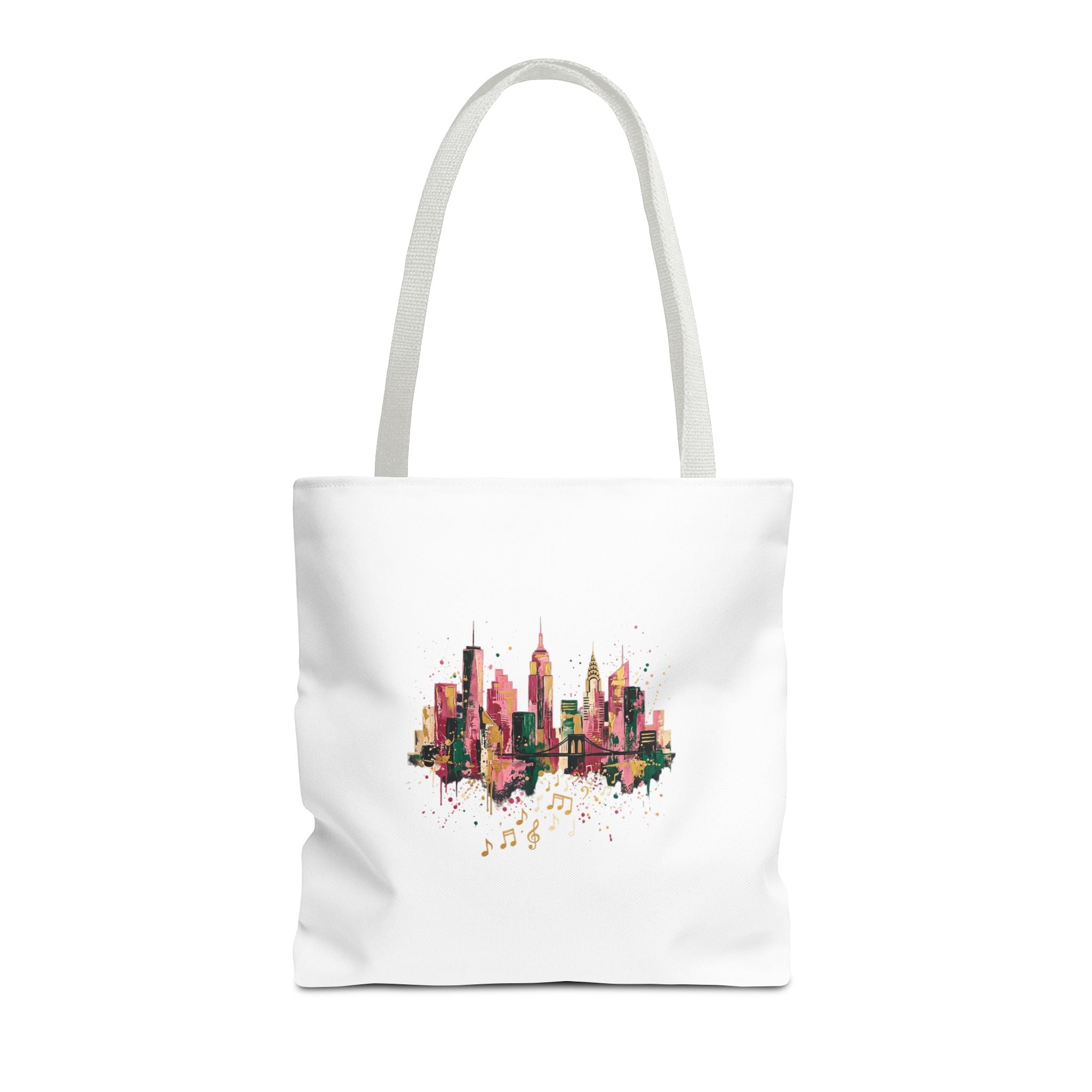 City Skyline Music Tote Bag — Watercolor NYC Skyline with Musical Notes