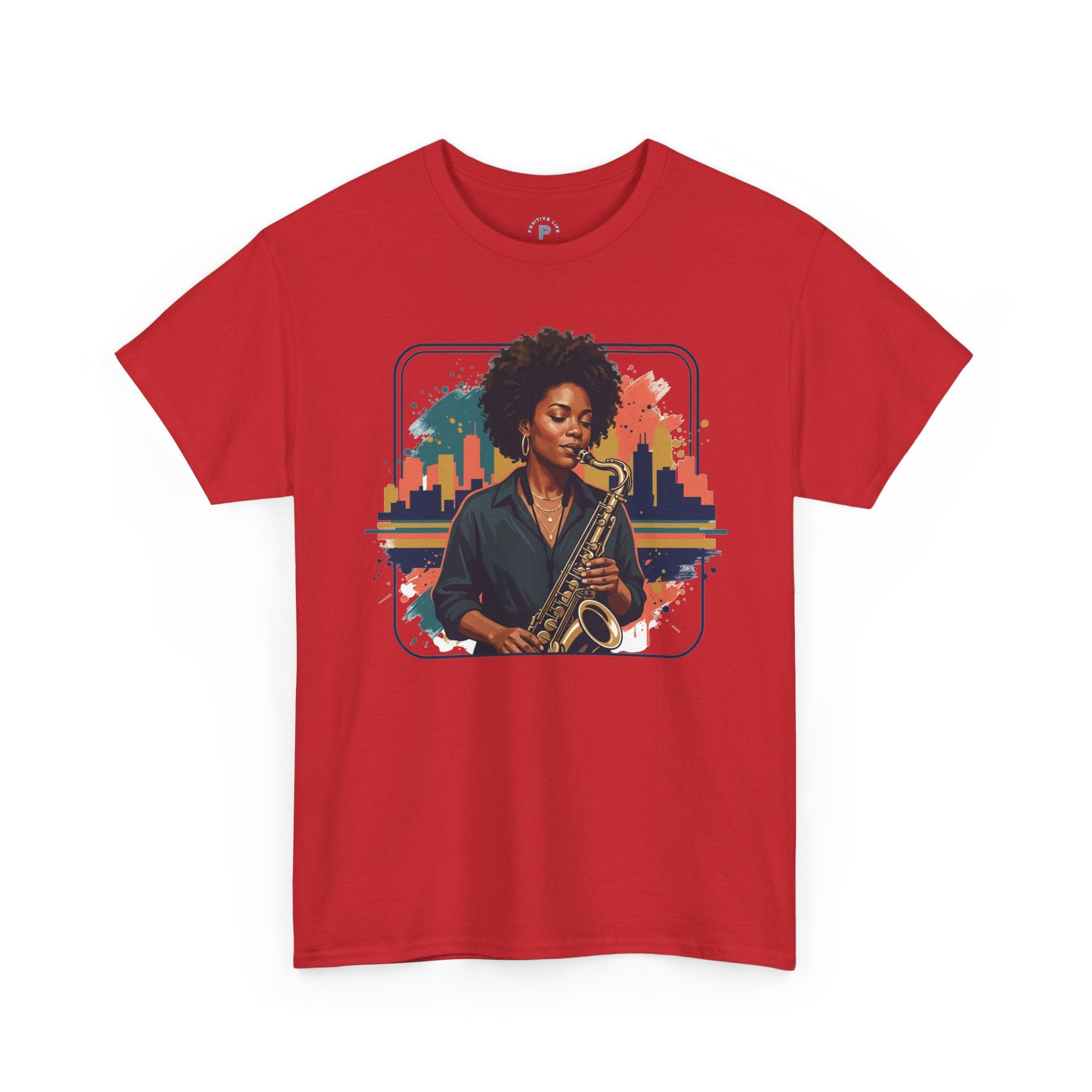 Saxophone Jazz Musician T-Shirt – Soulful Female Sax Player City Skyline Tee