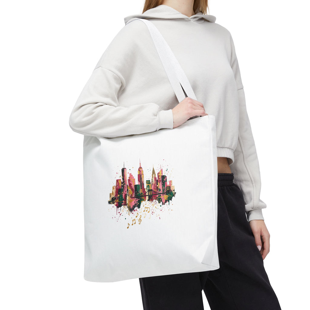 City Skyline Music Tote Bag — Watercolor NYC Skyline with Musical Notes