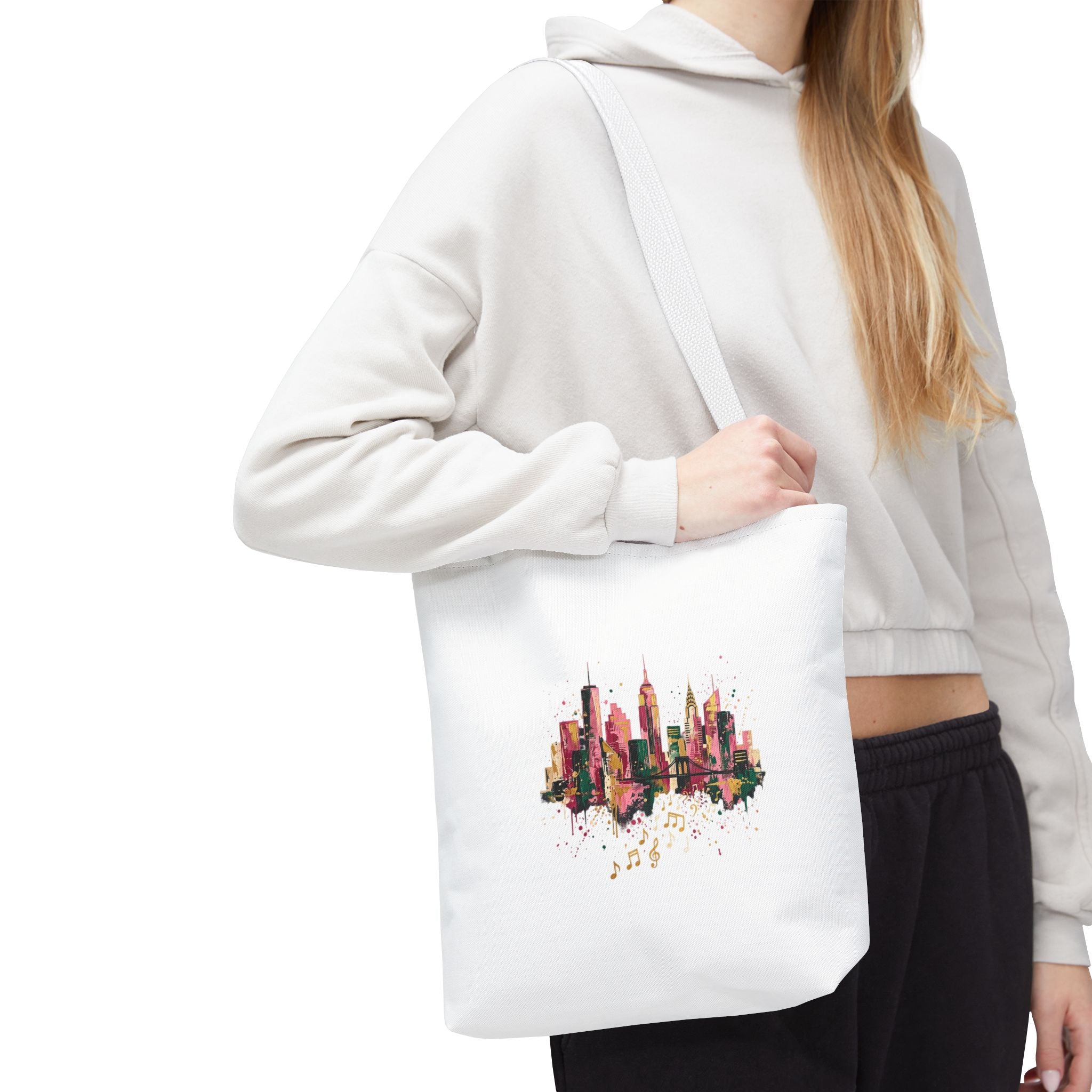 City Skyline Music Tote Bag — Watercolor NYC Skyline with Musical Notes