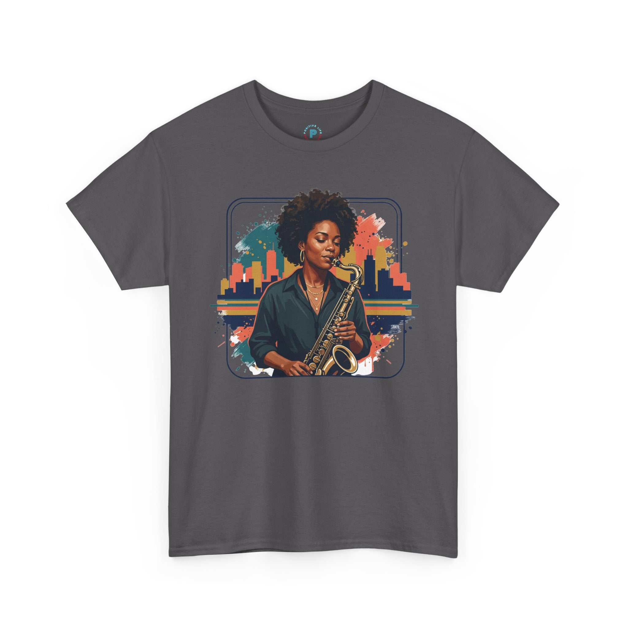 Saxophone Jazz Musician T-Shirt – Soulful Female Sax Player City Skyline Tee