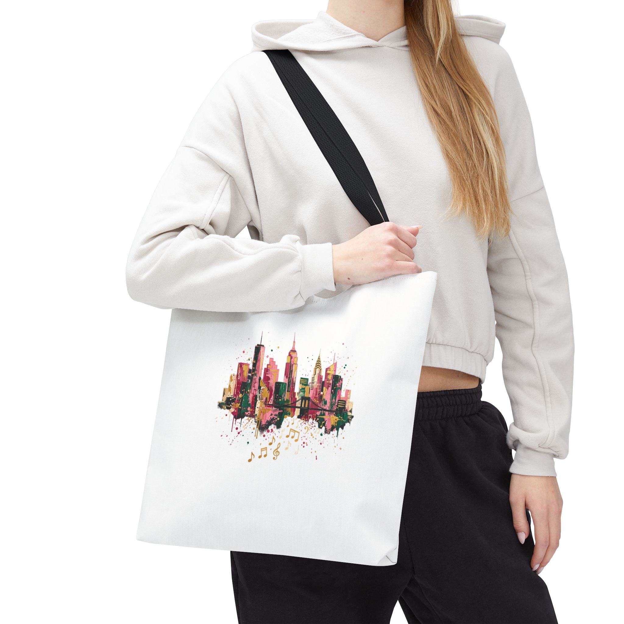City Skyline Music Tote Bag — Watercolor NYC Skyline with Musical Notes
