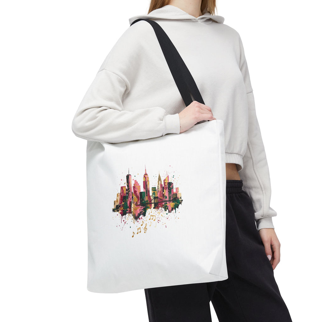 City Skyline Music Tote Bag — Watercolor NYC Skyline with Musical Notes