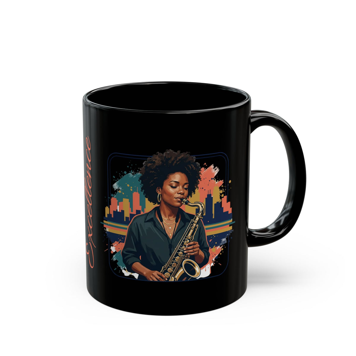 Excellence Saxophone Black Coffee Mug — Jazz Musician Art 11oz/15oz
