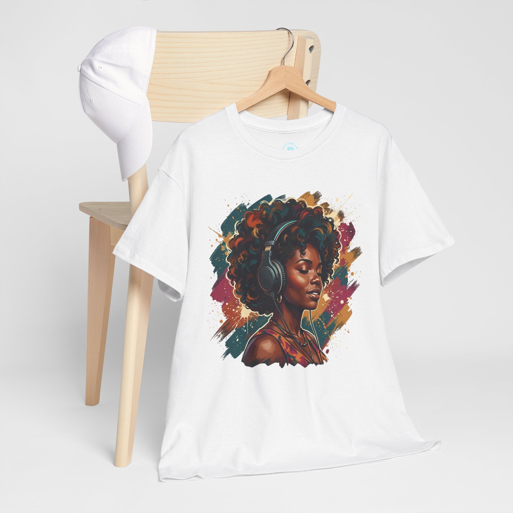 Afro Queen Portrait T-Shirt — Bold Afrocentric Headphones Art Tee