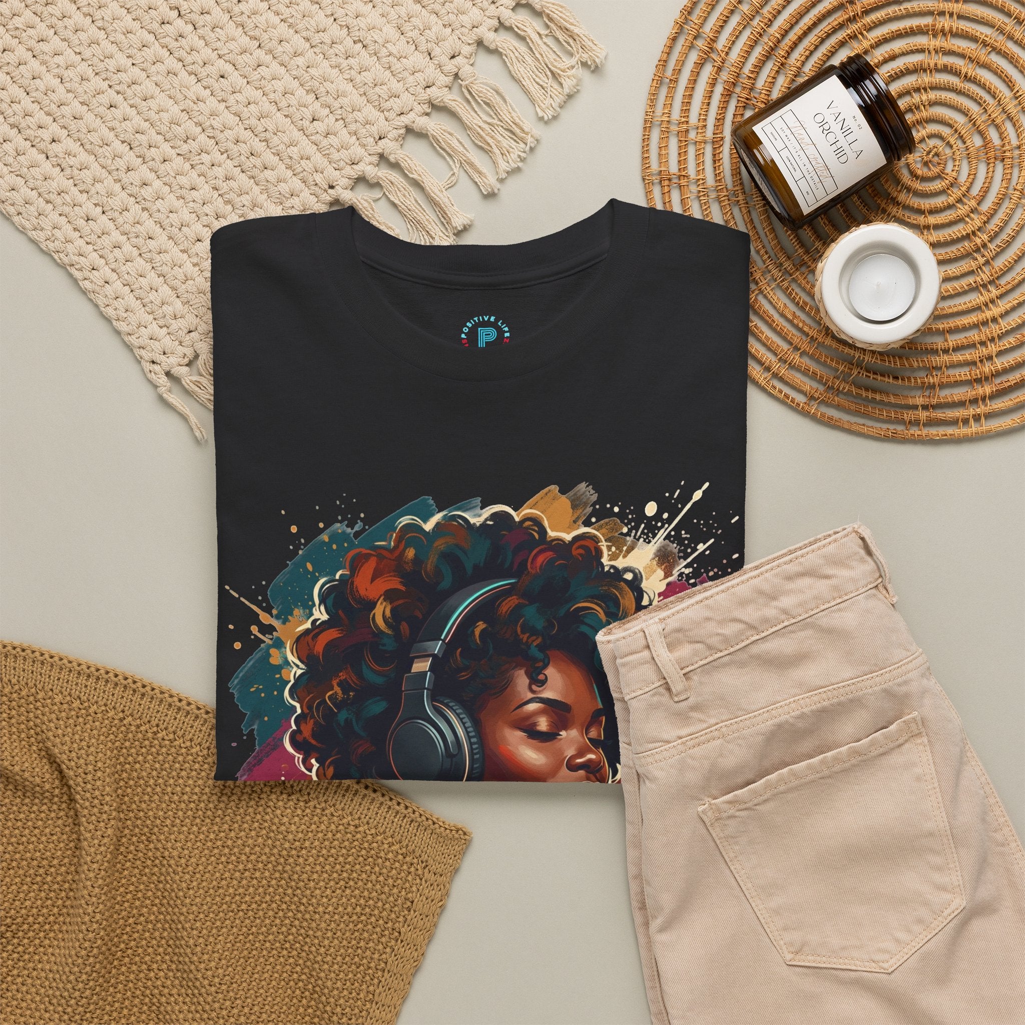 Afro Queen Portrait T-Shirt — Bold Afrocentric Headphones Art Tee