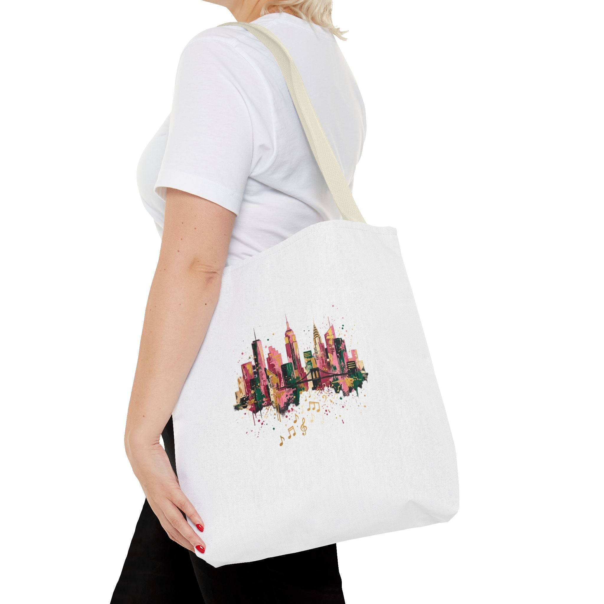 City Skyline Music Tote Bag — Watercolor NYC Skyline with Musical Notes