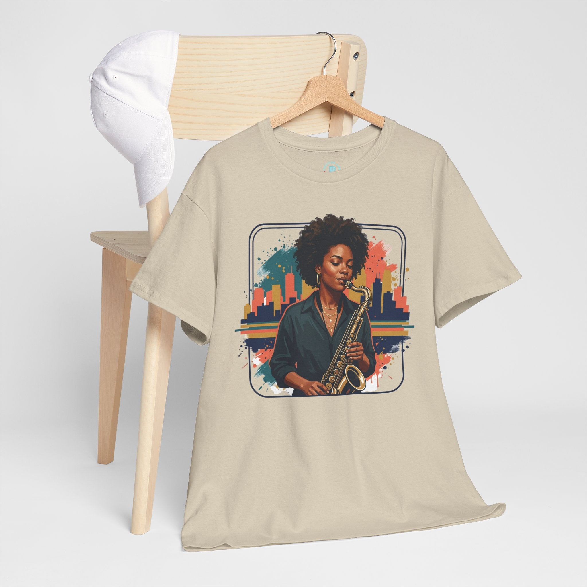 Saxophone Jazz Musician T-Shirt – Soulful Female Sax Player City Skyline Tee