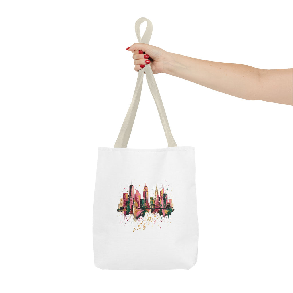 City Skyline Music Tote Bag — Watercolor NYC Skyline with Musical Notes
