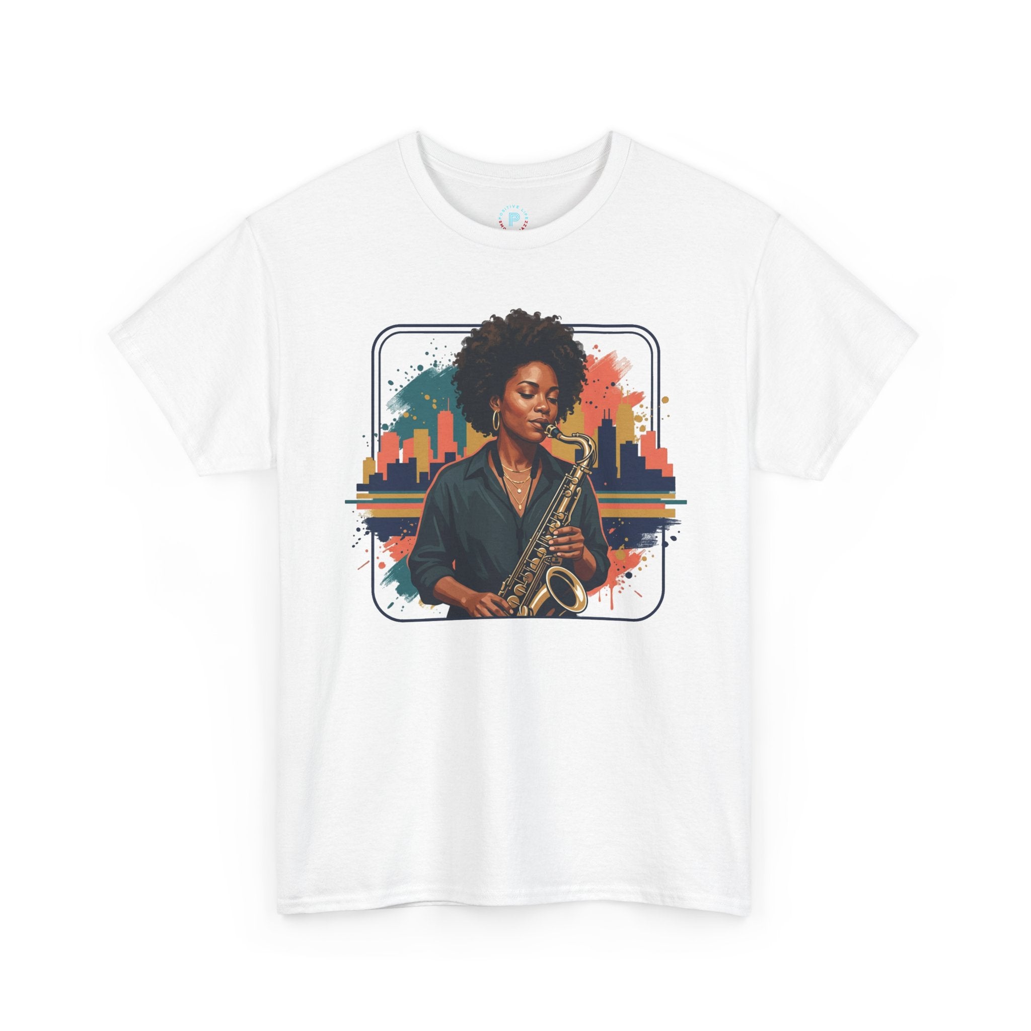 Saxophone Jazz Musician T-Shirt – Soulful Female Sax Player City Skyline Tee