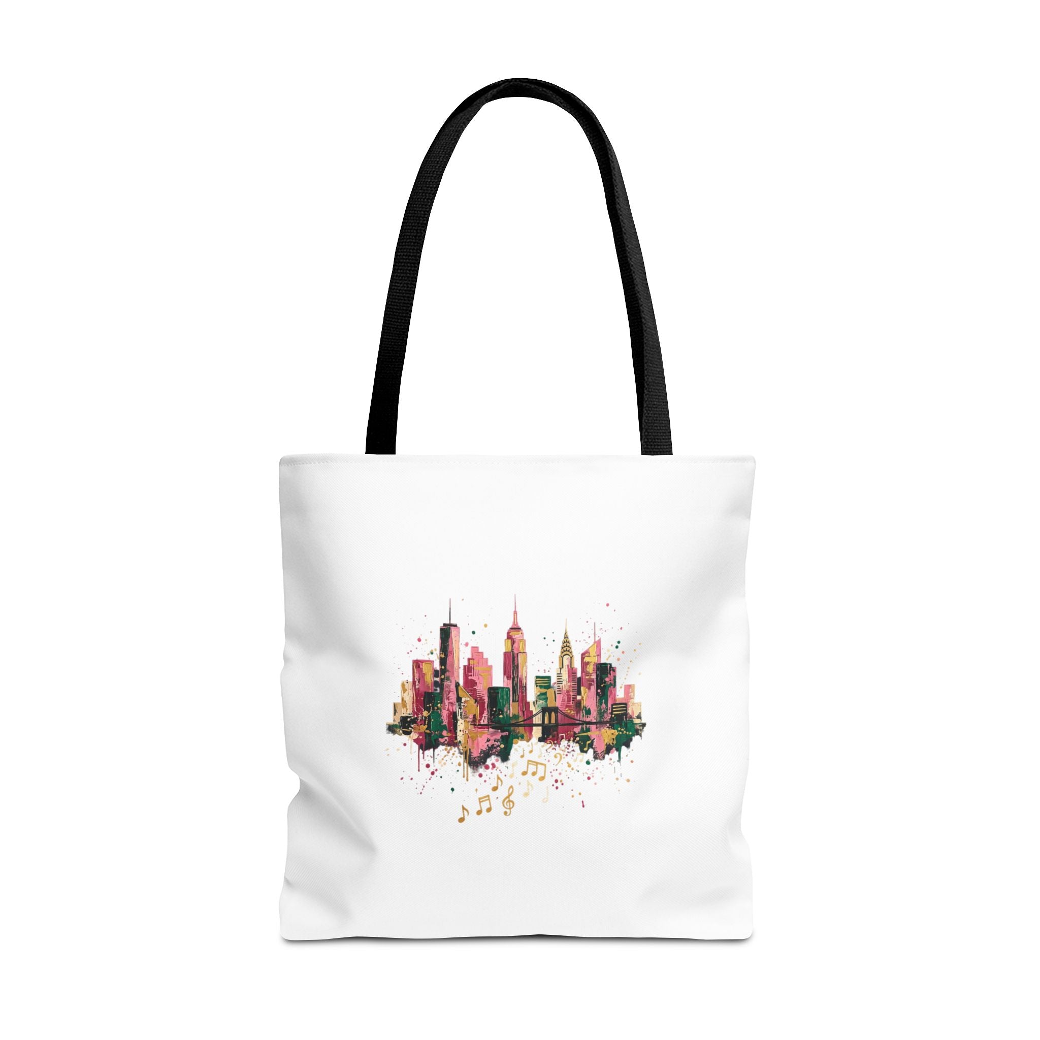 City Skyline Music Tote Bag — Watercolor NYC Skyline with Musical Notes