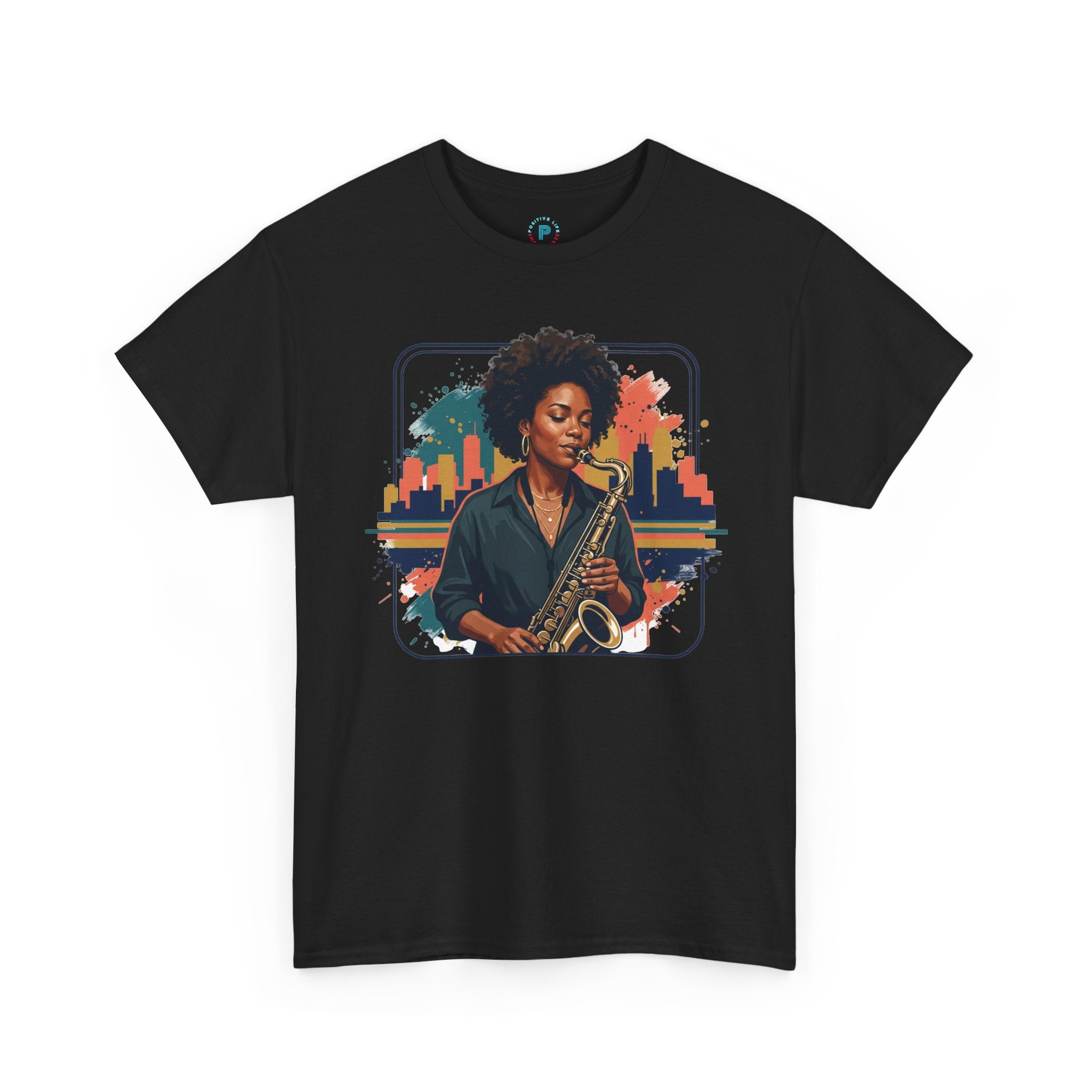 Saxophone Jazz Musician T-Shirt – Soulful Female Sax Player City Skyline Tee