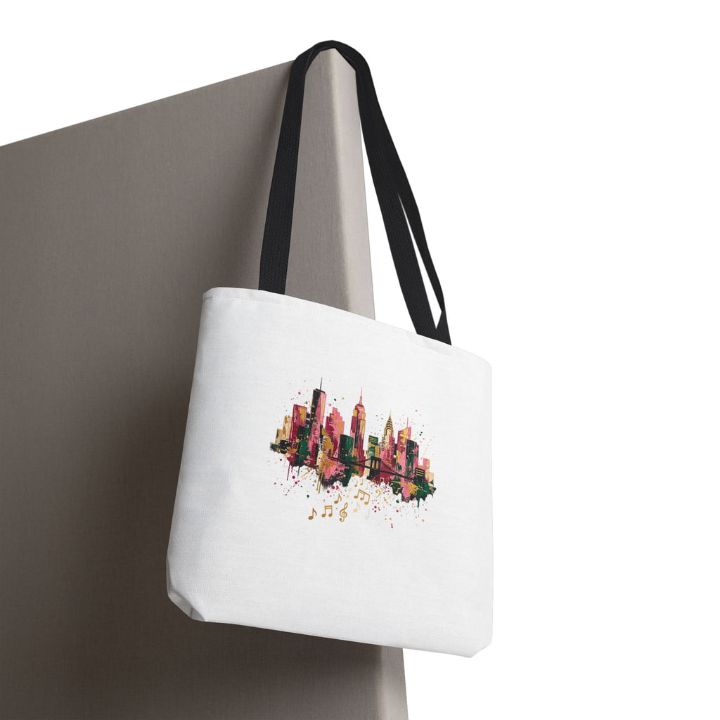 City Skyline Music Tote Bag — Watercolor NYC Skyline with Musical Notes