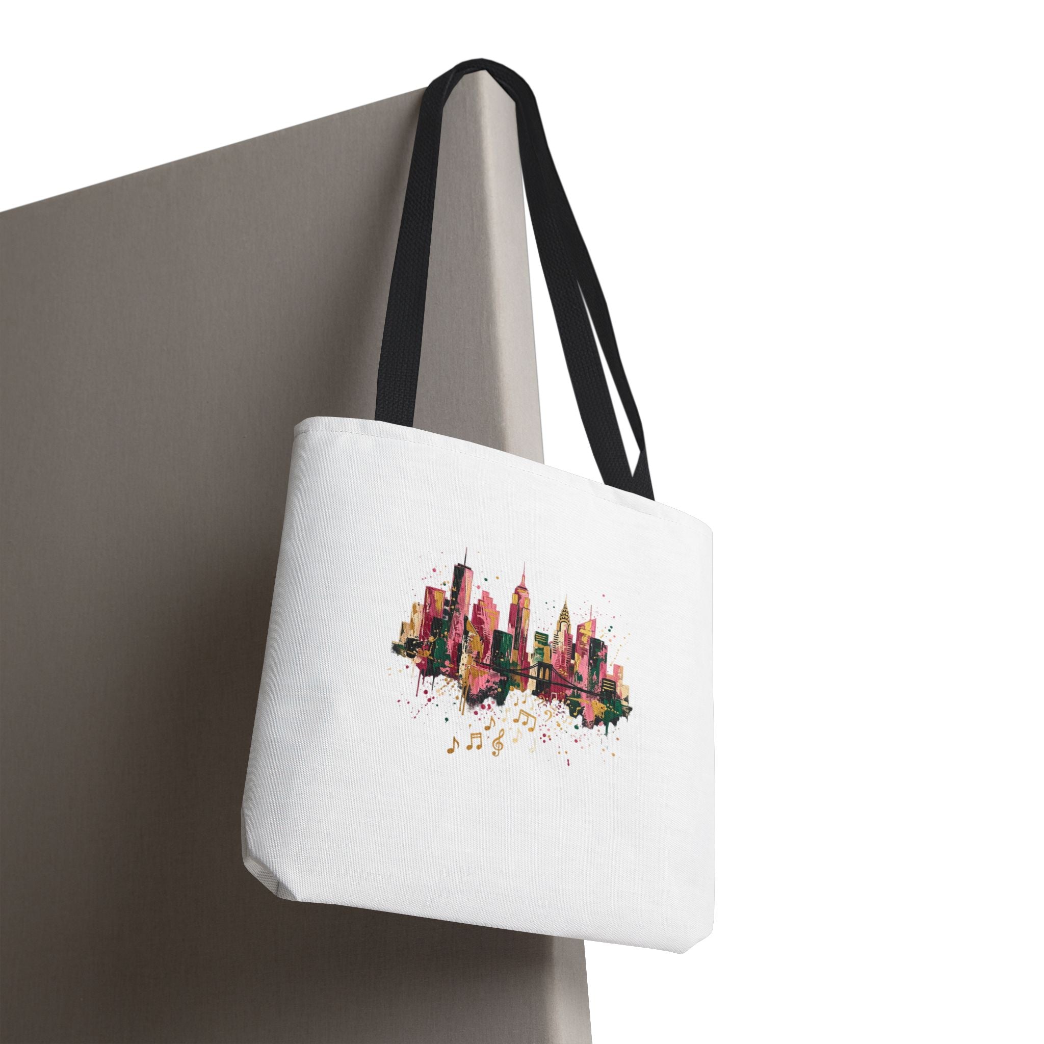 City Skyline Music Tote Bag — Watercolor NYC Skyline with Musical Notes