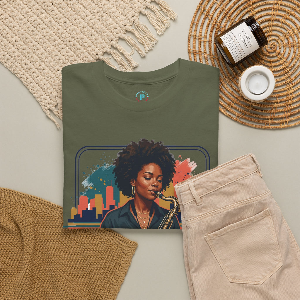 Saxophone Jazz Musician T-Shirt – Soulful Female Sax Player City Skyline Tee