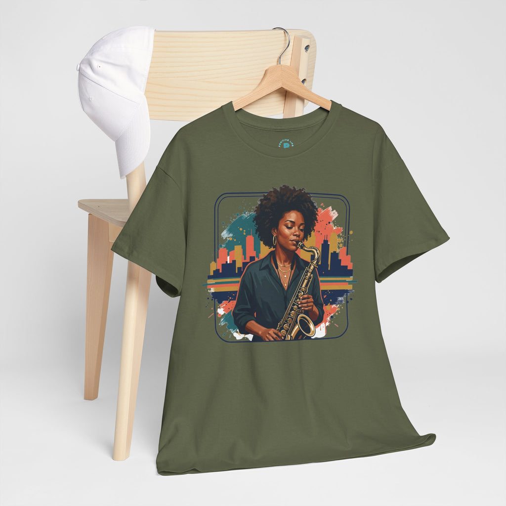 Saxophone Jazz Musician T-Shirt – Soulful Female Sax Player City Skyline Tee