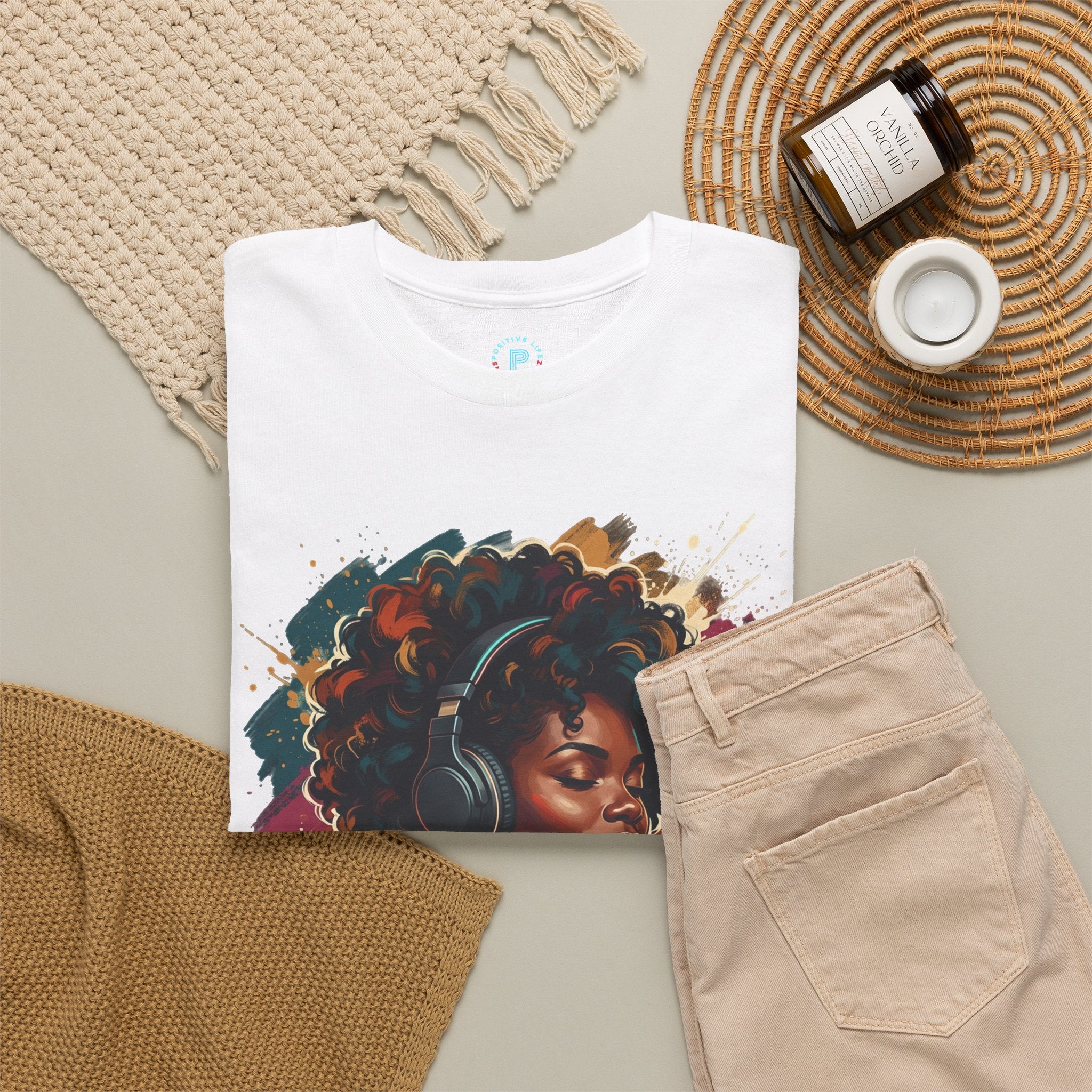 Afro Queen Portrait T-Shirt — Bold Afrocentric Headphones Art Tee