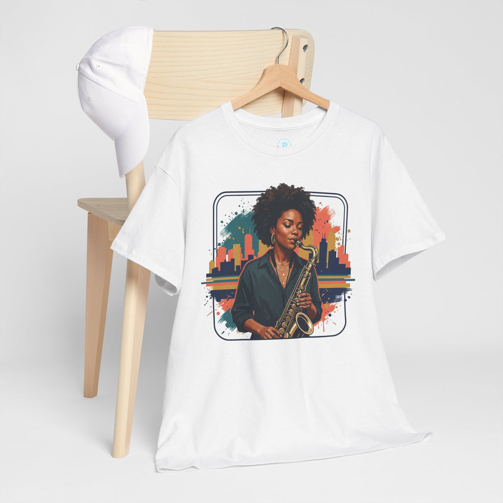 Saxophone Jazz Musician T-Shirt – Soulful Female Sax Player City Skyline Tee