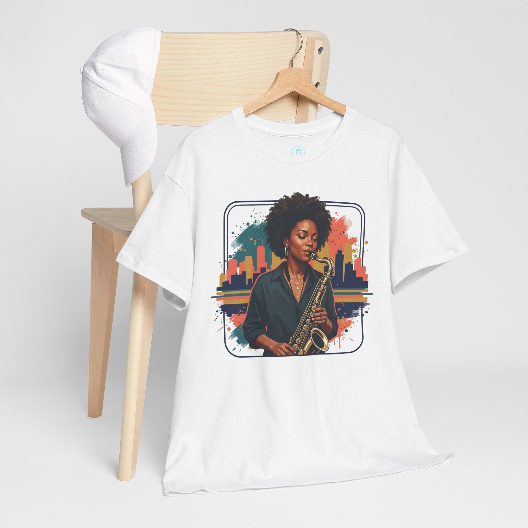 Saxophone Jazz Musician T-Shirt – Soulful Female Sax Player City Skyline Tee