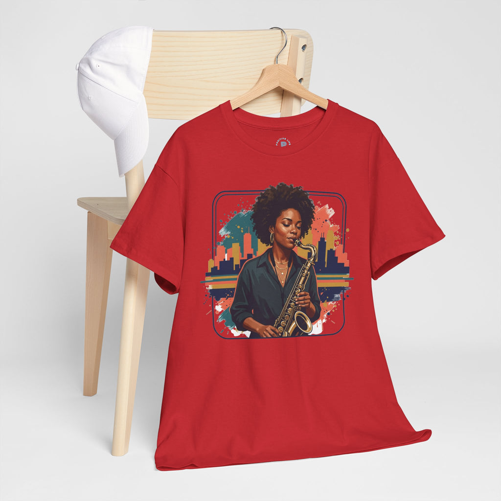 Saxophone Jazz Musician T-Shirt – Soulful Female Sax Player City Skyline Tee