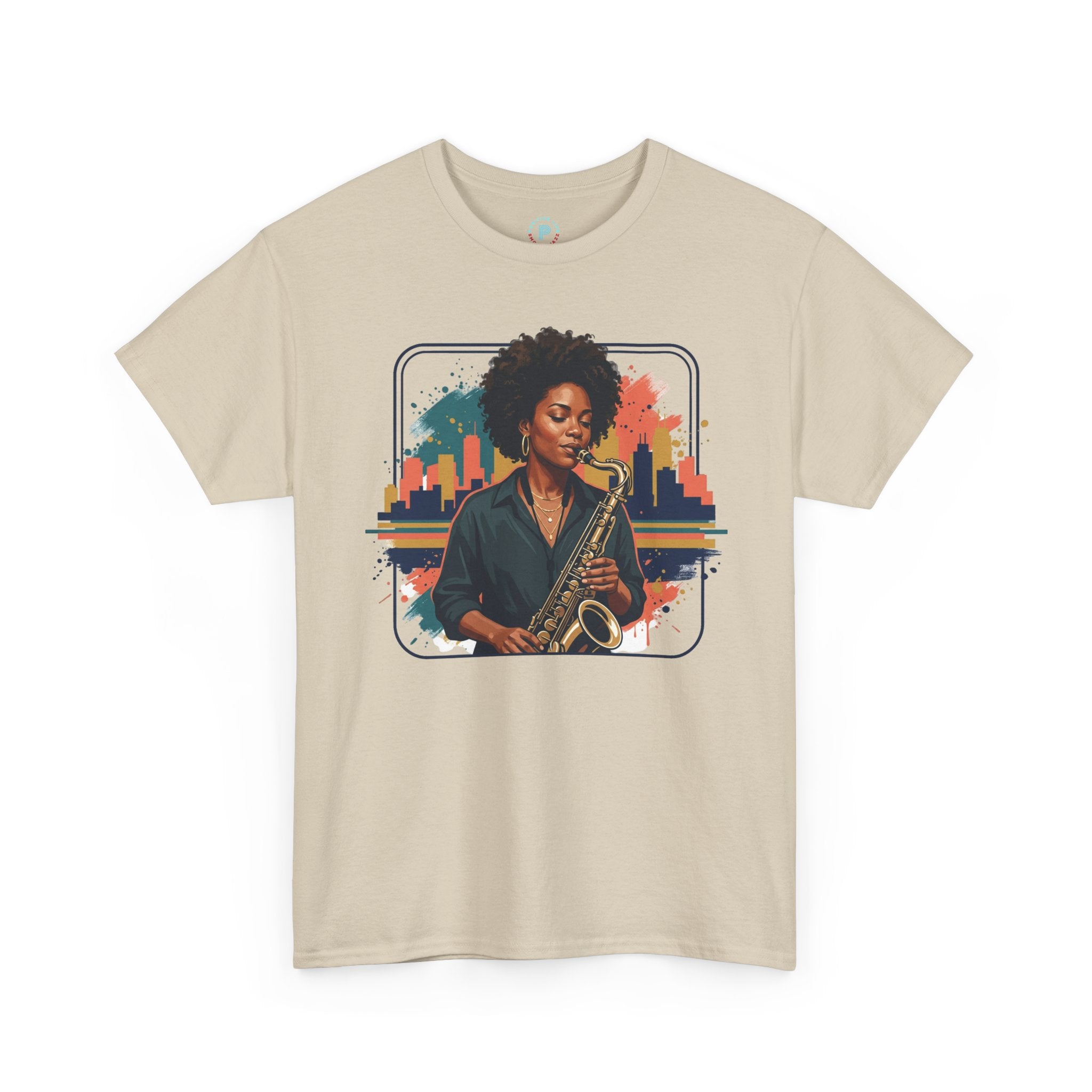 Saxophone Jazz Musician T-Shirt – Soulful Female Sax Player City Skyline Tee