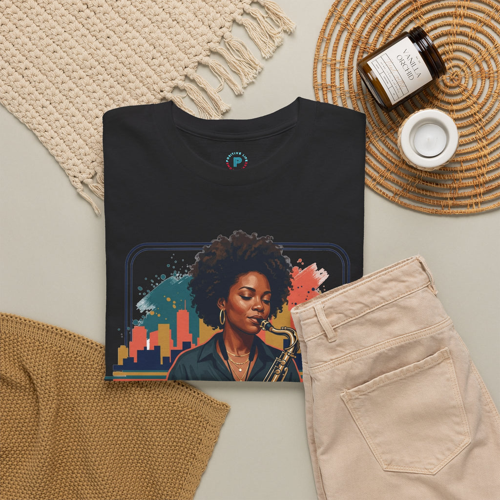 Saxophone Jazz Musician T-Shirt – Soulful Female Sax Player City Skyline Tee