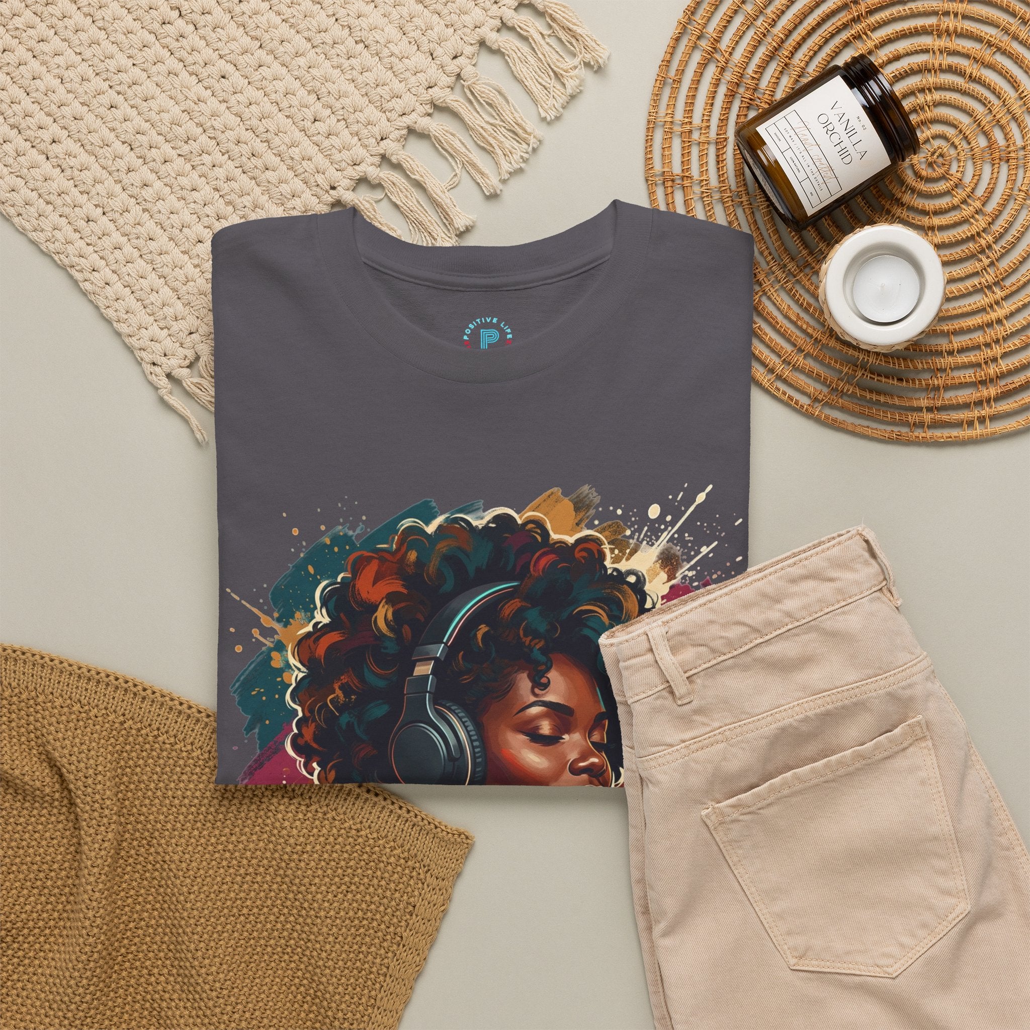 Afro Queen Portrait T-Shirt — Bold Afrocentric Headphones Art Tee