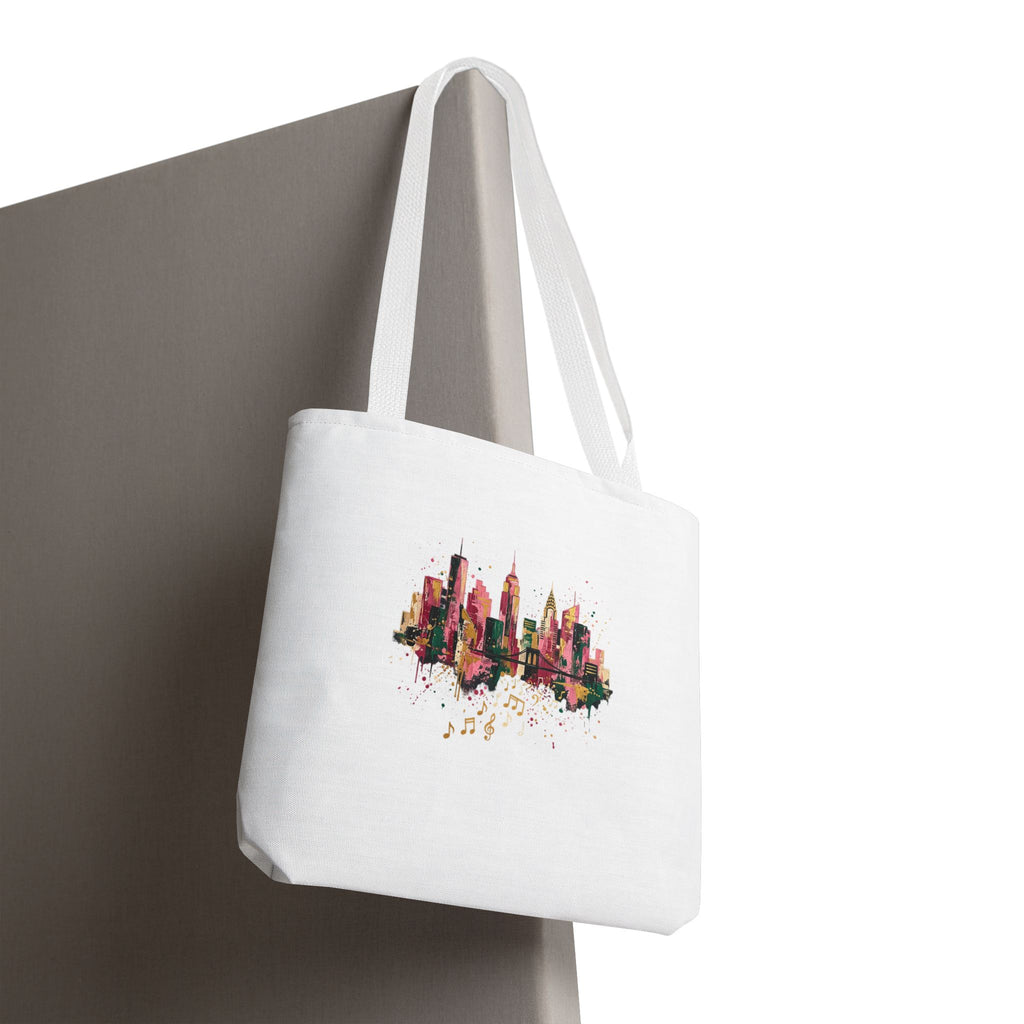 City Skyline Music Tote Bag — Watercolor NYC Skyline with Musical Notes