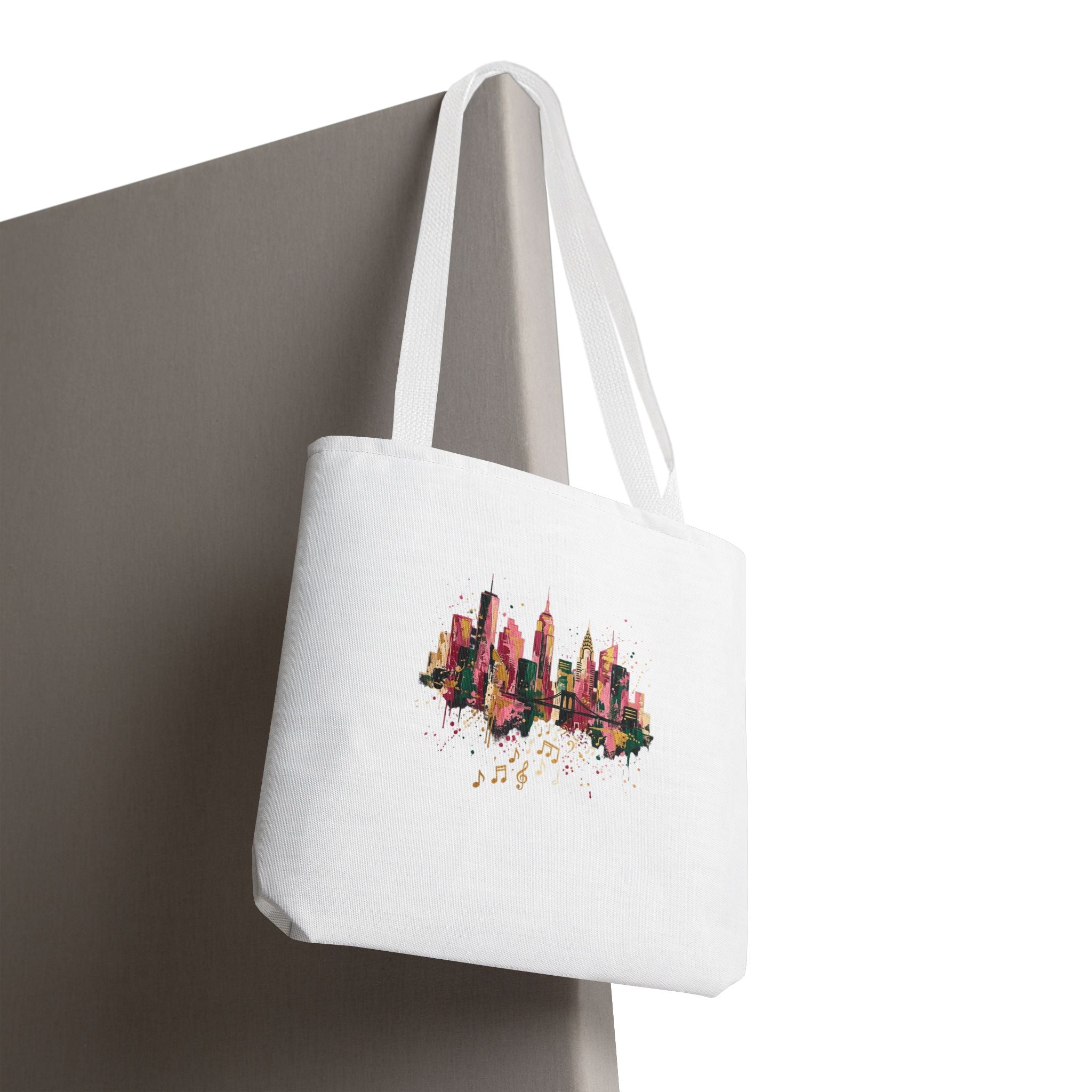 City Skyline Music Tote Bag — Watercolor NYC Skyline with Musical Notes